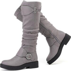 Women's Man Made Leather Grey Mf 261 Knee High Flat Tall Zipped Round Toe Boot